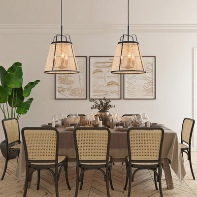 Natural Woven Bamboo 3-Light Farmhouse Conical Pendant Light Fixture, Dimmable