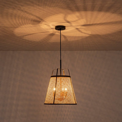 Natural Woven Bamboo 3-Light Farmhouse Conical Pendant Light Fixture, Dimmable
