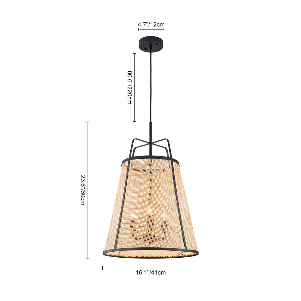 Natural Woven Bamboo 3-Light Farmhouse Conical Pendant Light Fixture, Dimmable