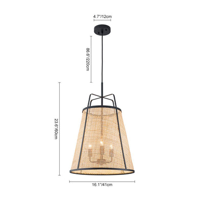 Natural Woven Bamboo 3-Light Farmhouse Conical Pendant Light Fixture, Dimmable