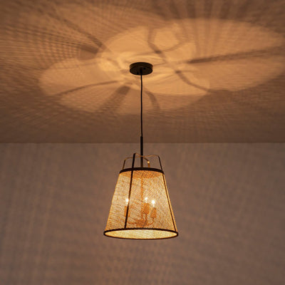 Natural Woven Bamboo 3-Light Farmhouse Conical Pendant Light Fixture, Dimmable