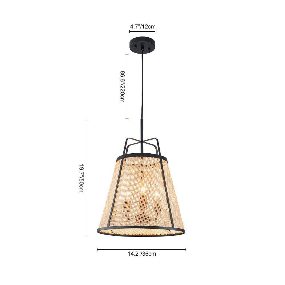 Natural Woven Bamboo 3-Light Farmhouse Conical Pendant Light Fixture, Dimmable