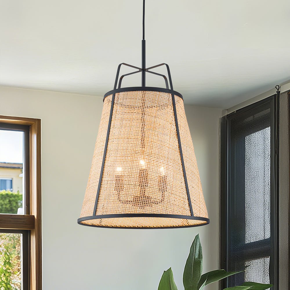 Natural Woven Bamboo 3-Light Farmhouse Conical Pendant Light Fixture, Dimmable