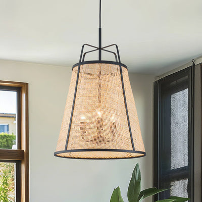 Natural Woven Bamboo 3-Light Farmhouse Conical Pendant Light Fixture, Dimmable