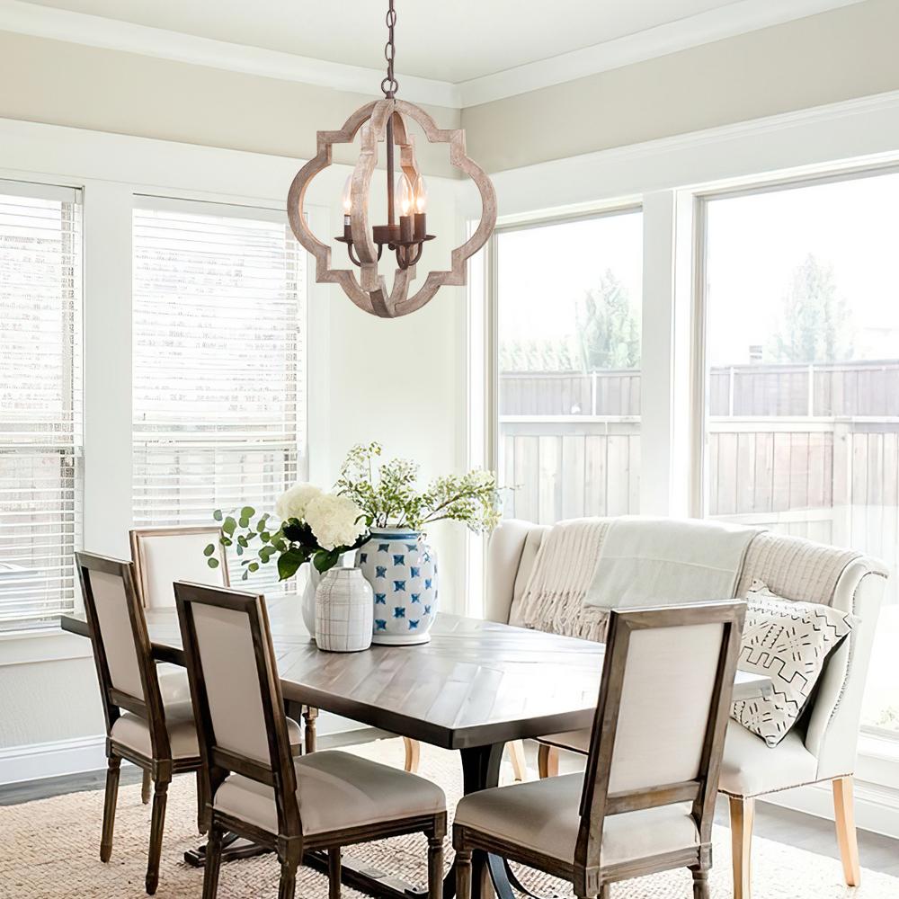 Rustic Farmhouse Wood Lantern Chandelier, Adjustable Height, 3/4-Light Pendant Fixture