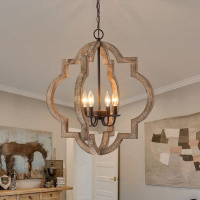 Farmhouse 4-Light Distressed Wood Lantern Pendant Chandelier for Dining Room