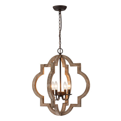 Farmhouse 4-Light Distressed Wood Lantern Pendant Chandelier for Dining Room