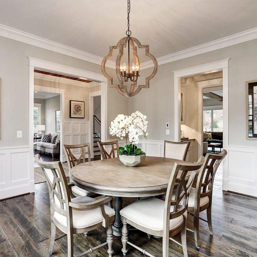 Farmhouse 4-Light Distressed Wood Lantern Pendant Chandelier for Dining Room