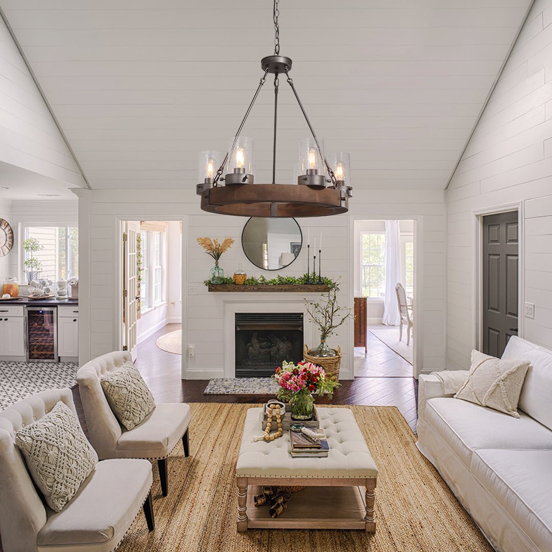 6-Light Rustic Farmhouse Wagon Wheel Chandelier with Wood and Glass