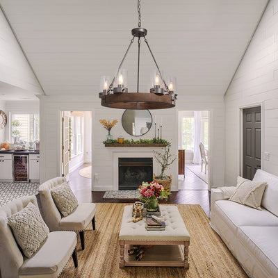 6-Light Rustic Farmhouse Wagon Wheel Chandelier with Wood and Glass
