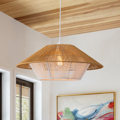 Bohemian Woven Hat Pendant Light with Hemp Rope Accents - 1-Light Fixture