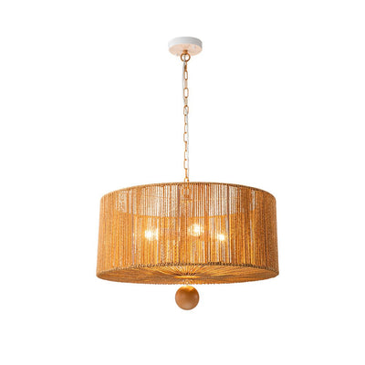 Bohemian 4-Light Brown Hemp Rope Drum Pendant Light Fixture for Home