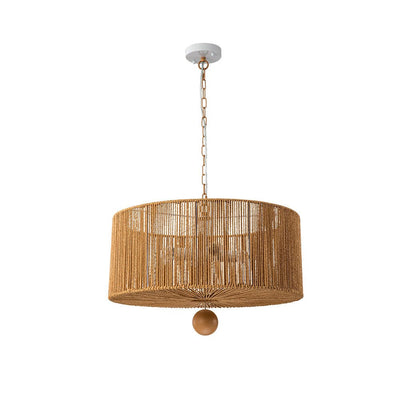 Bohemian 4-Light Brown Hemp Rope Drum Pendant Light Fixture for Home