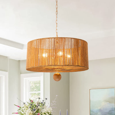 Bohemian 4-Light Brown Hemp Rope Drum Pendant Light Fixture for Home