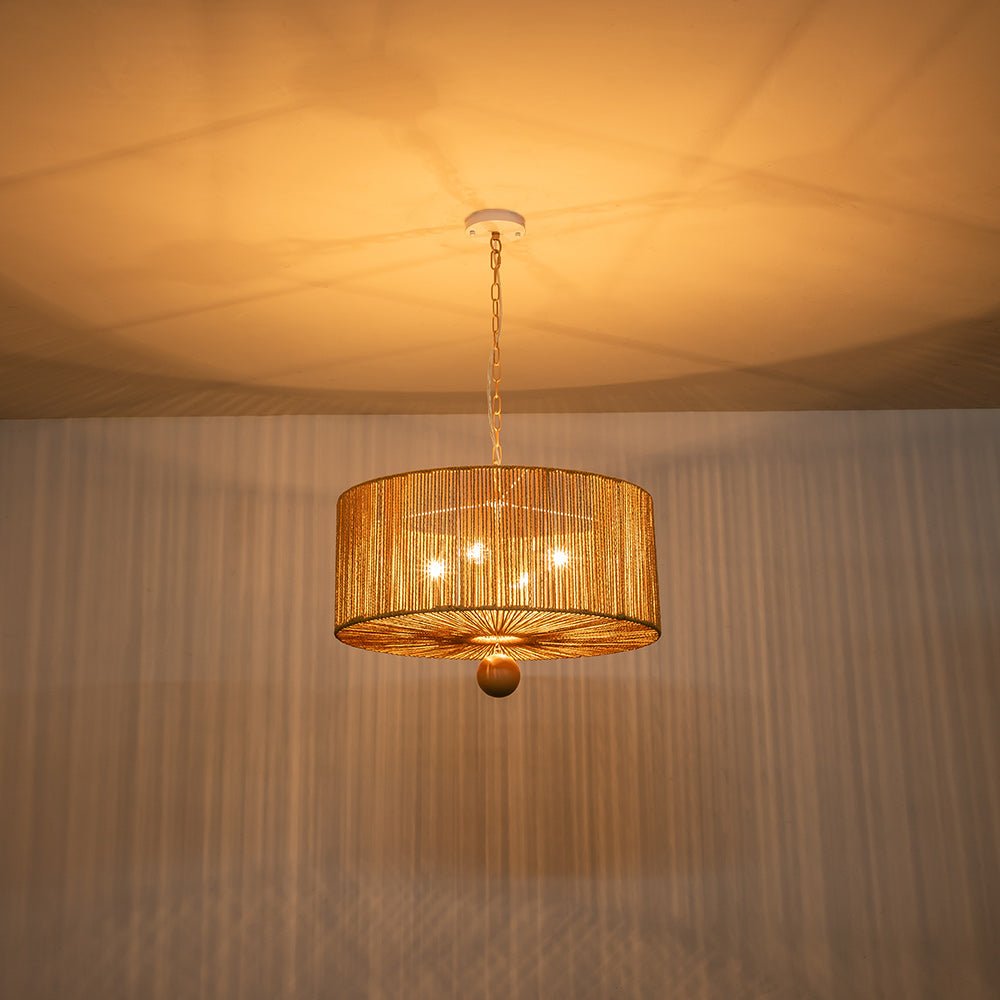 Bohemian 4-Light Brown Hemp Rope Drum Pendant Light Fixture for Home