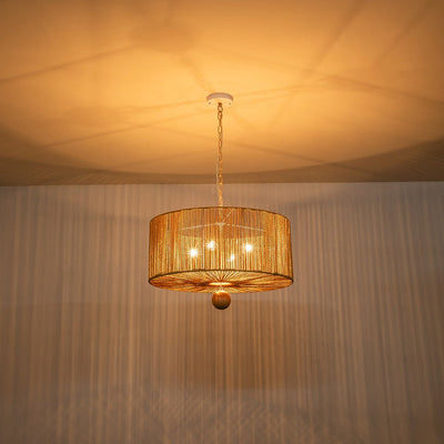 Bohemian 4-Light Brown Hemp Rope Drum Pendant Light Fixture for Home
