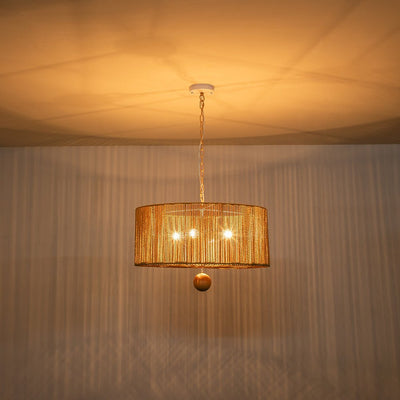Bohemian 4-Light Brown Hemp Rope Drum Pendant Light Fixture for Home