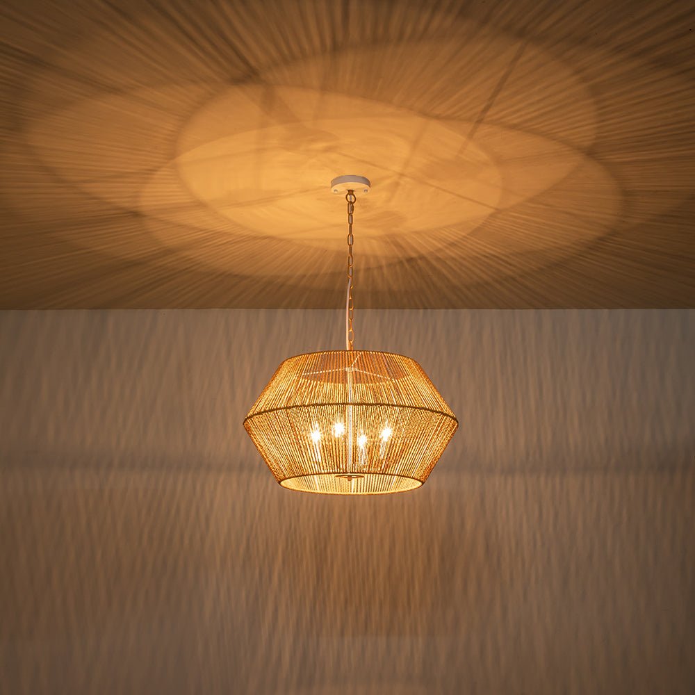 Boho Geometric 4-Light Brown Hemp Rope Lantern Pendant Rustic Ceiling Lamp