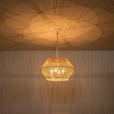Boho Geometric 4-Light Brown Hemp Rope Lantern Pendant Rustic Ceiling Lamp