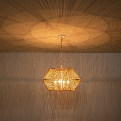 Boho Geometric 4-Light Brown Hemp Rope Lantern Pendant Rustic Ceiling Lamp