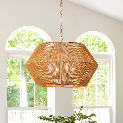 Boho Geometric 4-Light Brown Hemp Rope Lantern Pendant Rustic Ceiling Lamp