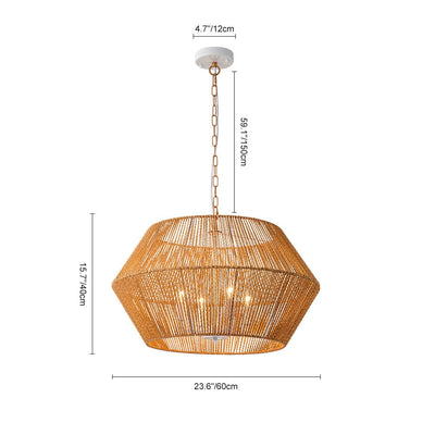 Boho Geometric 4-Light Brown Hemp Rope Lantern Pendant Rustic Ceiling Lamp