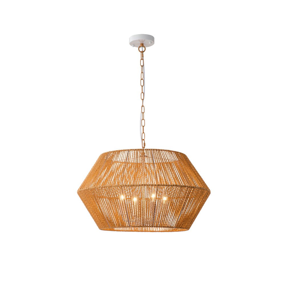 Boho Geometric 4-Light Brown Hemp Rope Lantern Pendant Rustic Ceiling Lamp