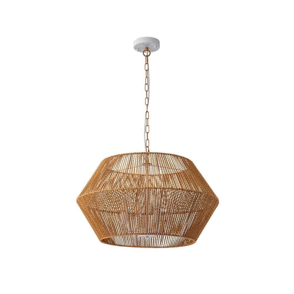Boho Geometric 4-Light Brown Hemp Rope Lantern Pendant Rustic Ceiling Lamp