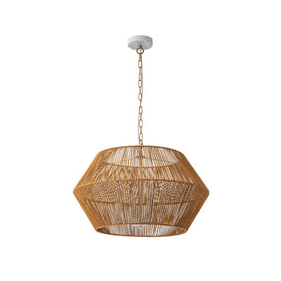 Boho Geometric 4-Light Brown Hemp Rope Lantern Pendant Rustic Ceiling Lamp