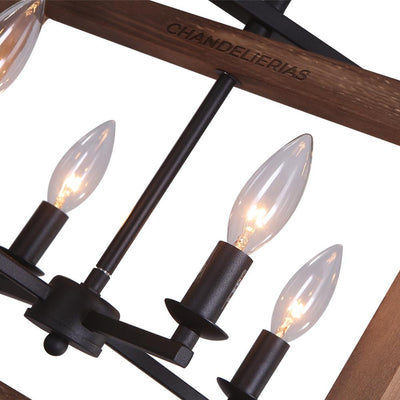 Modern 4-Light Rectangular Geometric Pendant Chandelier: Adjustable Iron & Wood Design