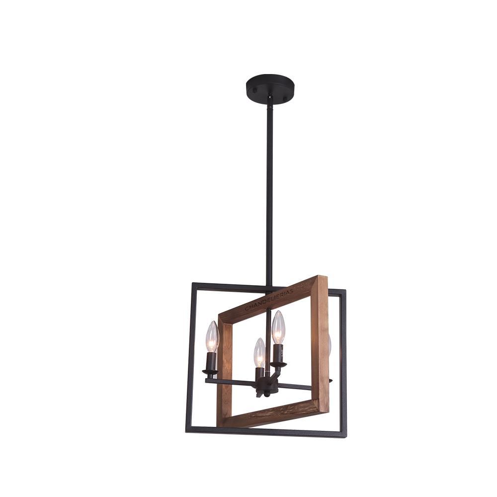 Modern 4-Light Rectangular Geometric Pendant Chandelier: Adjustable Iron & Wood Design
