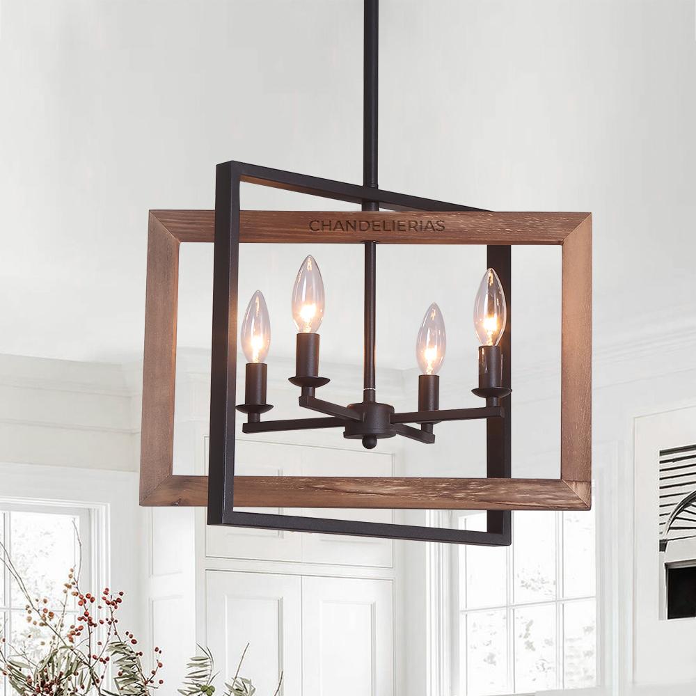 Modern 4-Light Rectangular Geometric Pendant Chandelier: Adjustable Iron & Wood Design
