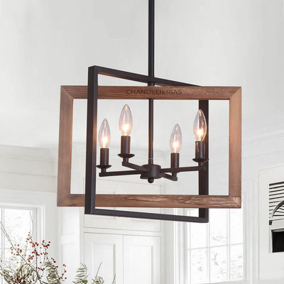 Modern 4-Light Rectangular Geometric Pendant Chandelier: Adjustable Iron & Wood Design