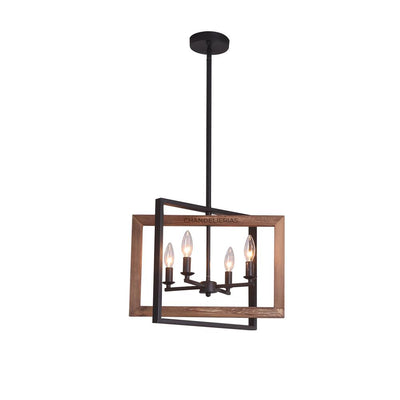 Modern 4-Light Rectangular Geometric Pendant Chandelier: Adjustable Iron & Wood Design