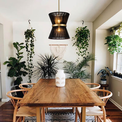 Coastal Brass Hourglass Drum Pendant Light with Natural Rope Accents