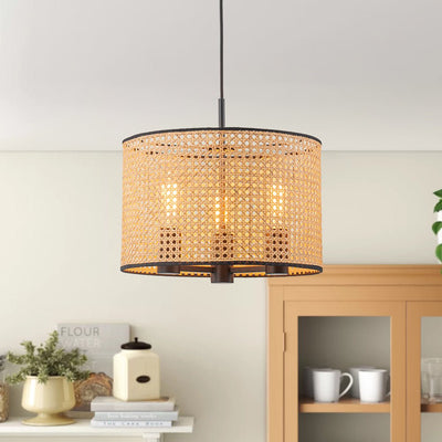 Coastal Handwoven Rattan Drum Pendant Light - Semi-Flush, Dimmable, Height Adjustable