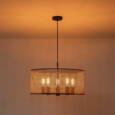 Coastal Handwoven Rattan Drum Pendant Light - Semi-Flush, Dimmable, Height Adjustable
