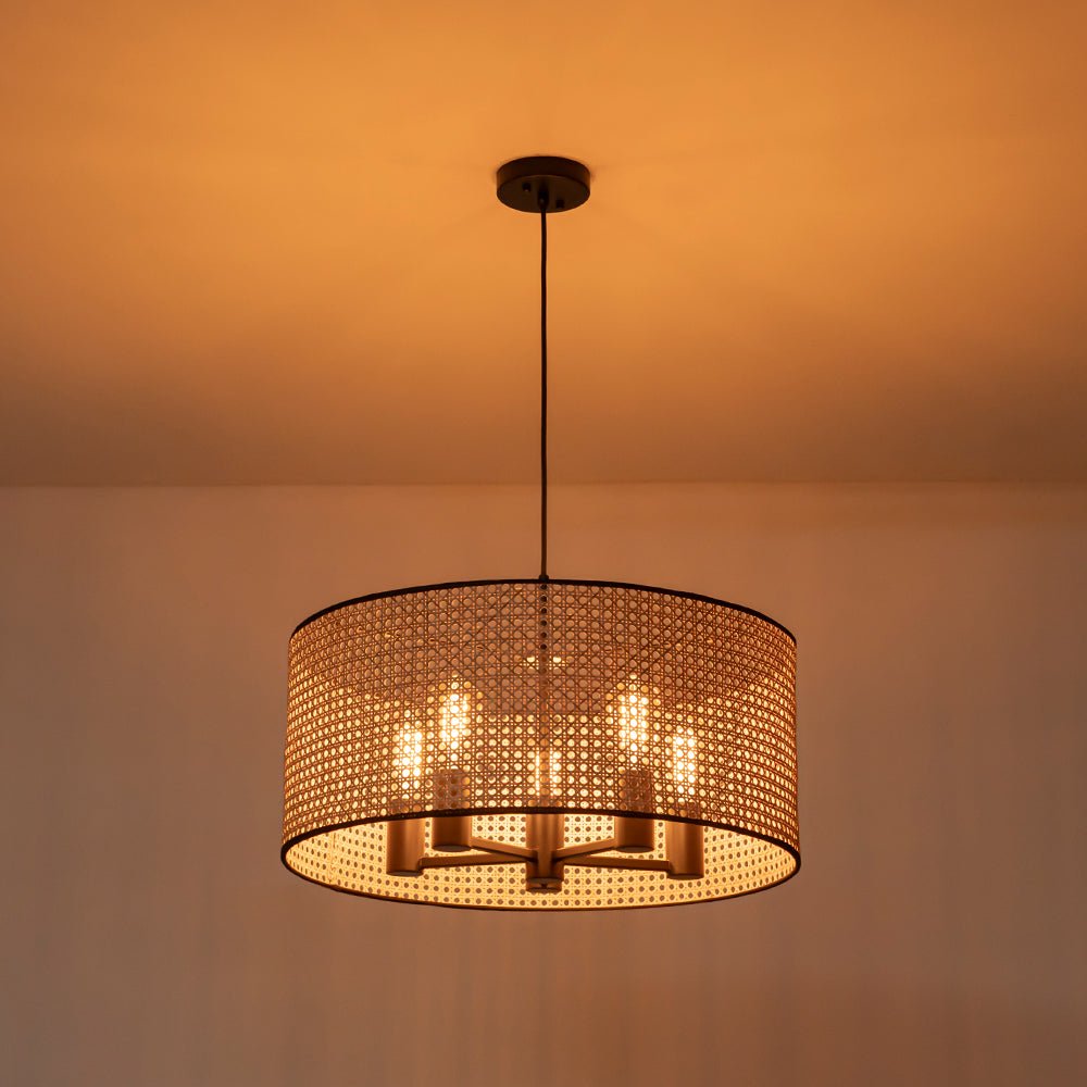 Coastal Handwoven Rattan Drum Pendant Light - Semi-Flush, Dimmable, Height Adjustable