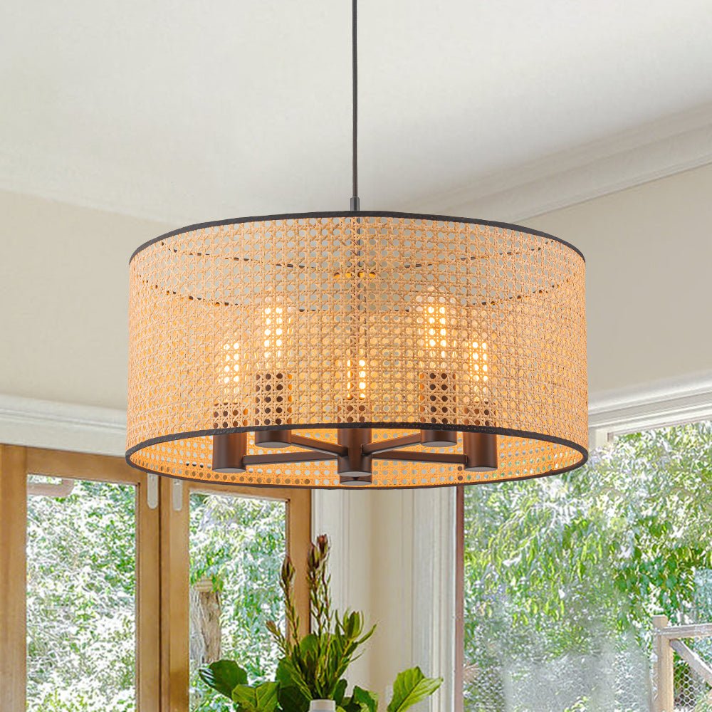 Coastal Handwoven Rattan Drum Pendant Light - Semi-Flush, Dimmable, Height Adjustable