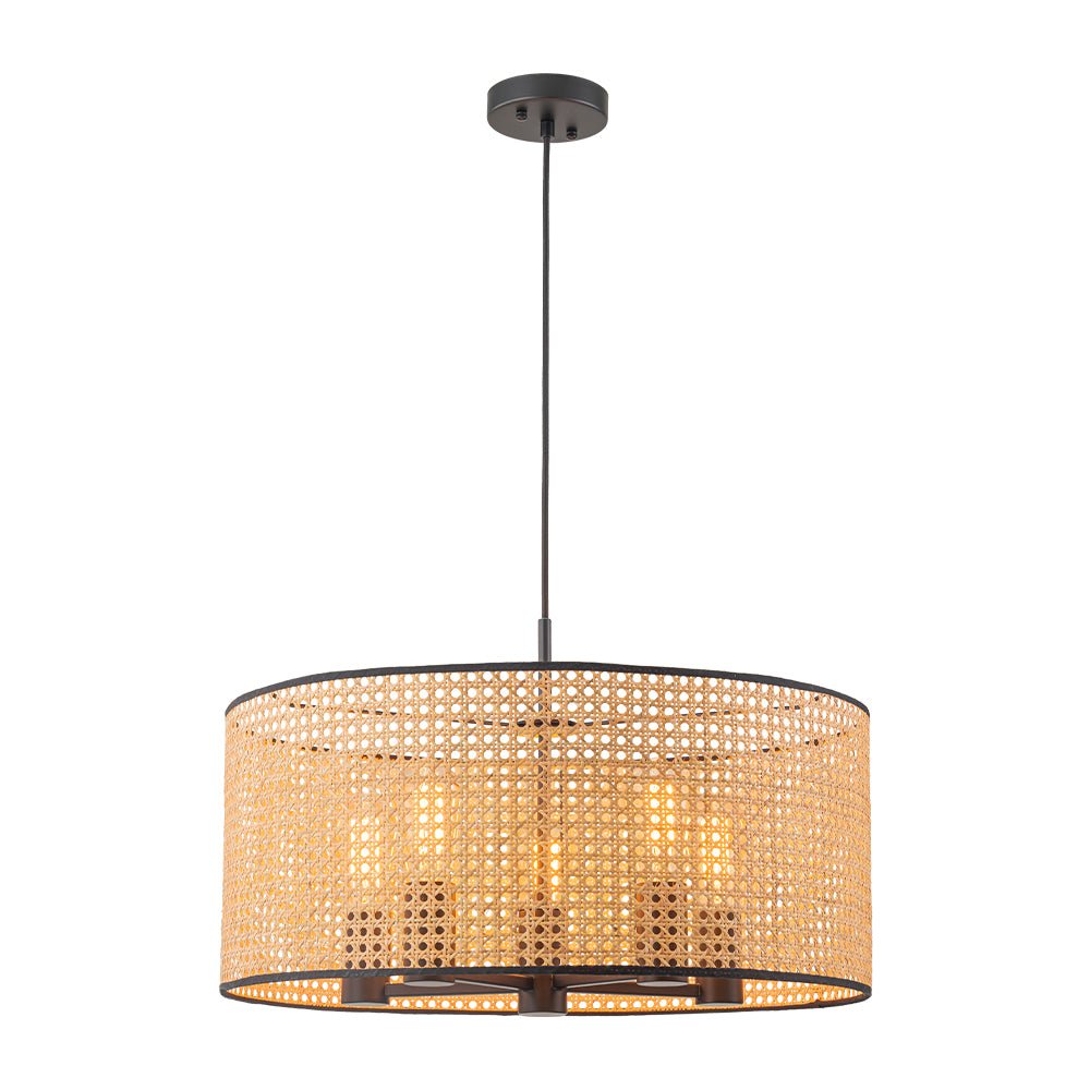 Coastal Handwoven Rattan Drum Pendant Light - Semi-Flush, Dimmable, Height Adjustable