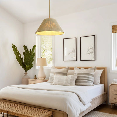 Coastal Style Gold Finish Pendant Light with Conical Linen Shade Dimmable