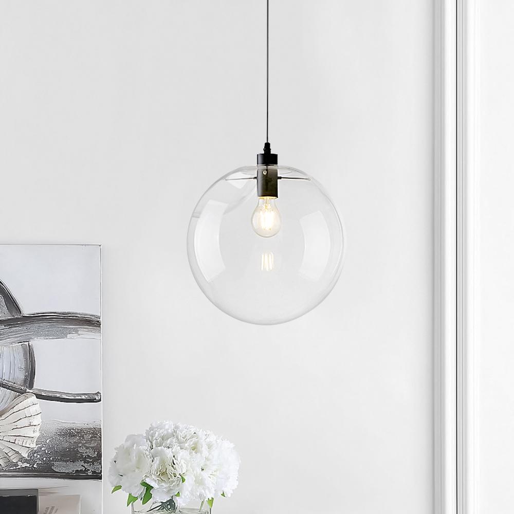 Contemporary Clear Glass Globe Pendant Light, Adjustable Black Finish, E26/E27 Socket