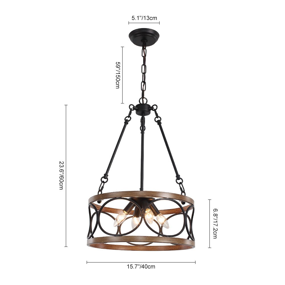 Farmhouse 4-Light Wood Drum Pendant Chandelier with Adjustable Chain