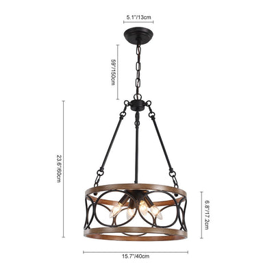 Farmhouse 4-Light Wood Drum Pendant Chandelier with Adjustable Chain