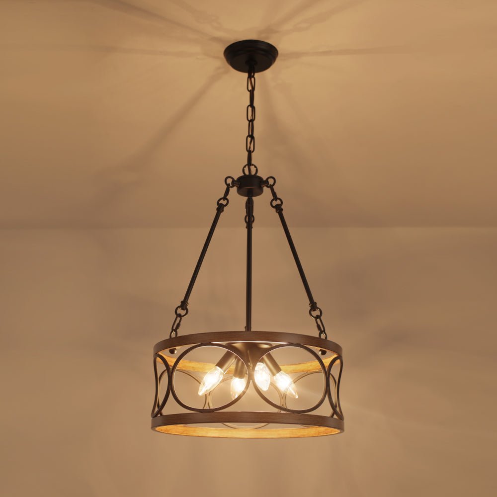 Farmhouse 4-Light Wood Drum Pendant Chandelier with Adjustable Chain