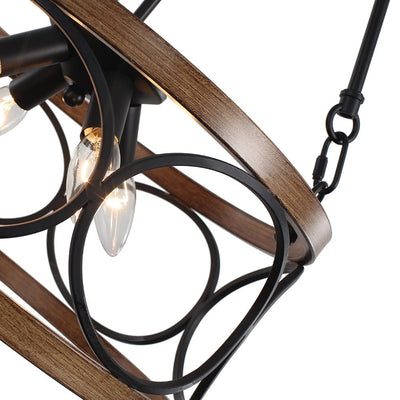 Farmhouse 4-Light Wood Drum Pendant Chandelier with Adjustable Chain