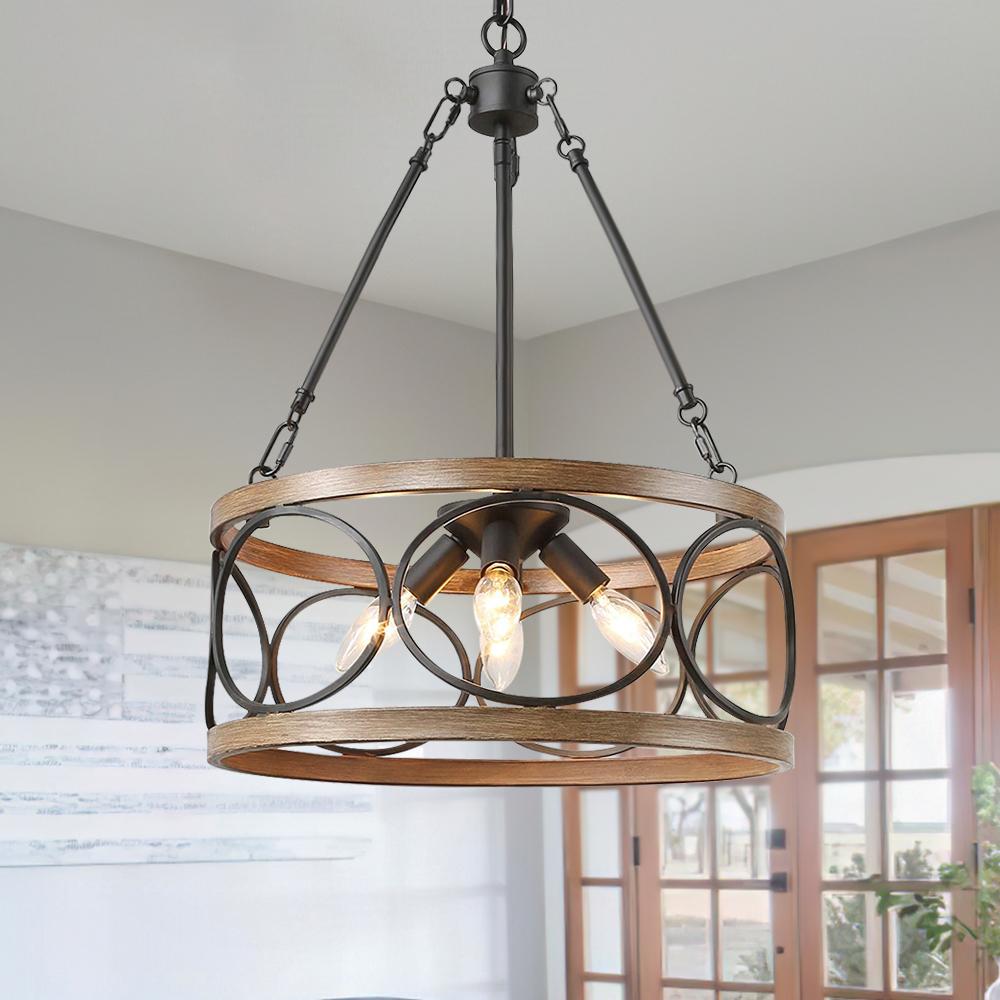 Farmhouse 4-Light Wood Drum Pendant Chandelier with Adjustable Chain