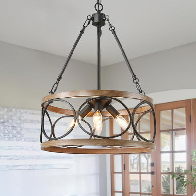 Farmhouse 4-Light Wood Drum Pendant Chandelier with Adjustable Chain