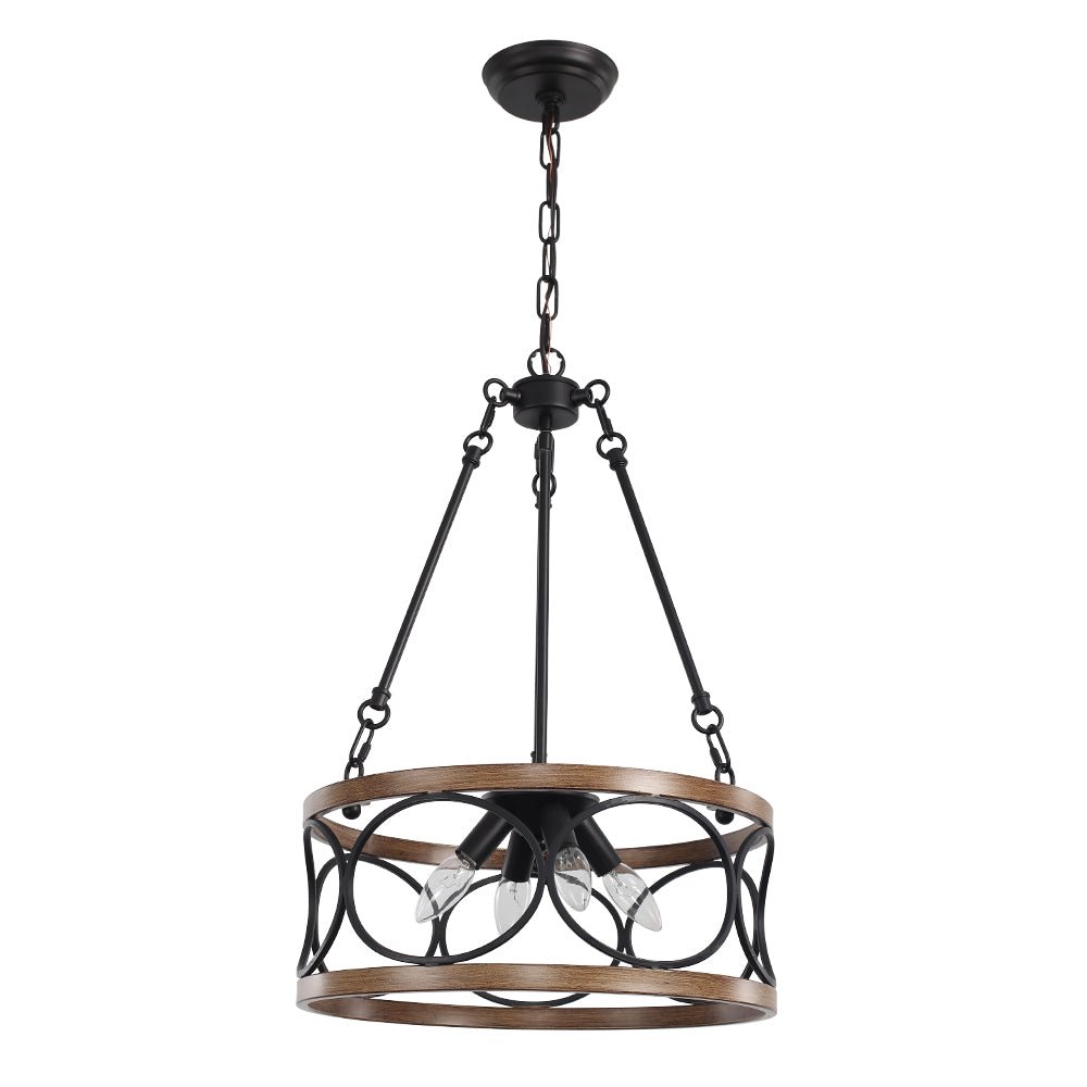 Farmhouse 4-Light Wood Drum Pendant Chandelier with Adjustable Chain