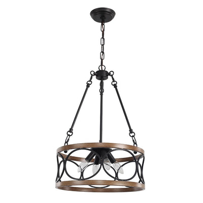 Farmhouse 4-Light Wood Drum Pendant Chandelier with Adjustable Chain
